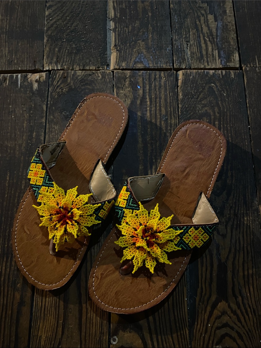 Handmade Brown Leather Sandals with Yellow Beaded Flower from Mexico 6